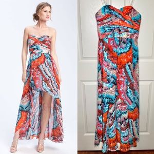 Aidan Maddox Colorful Feather Print Strapless Hi-Low Gown Size 10